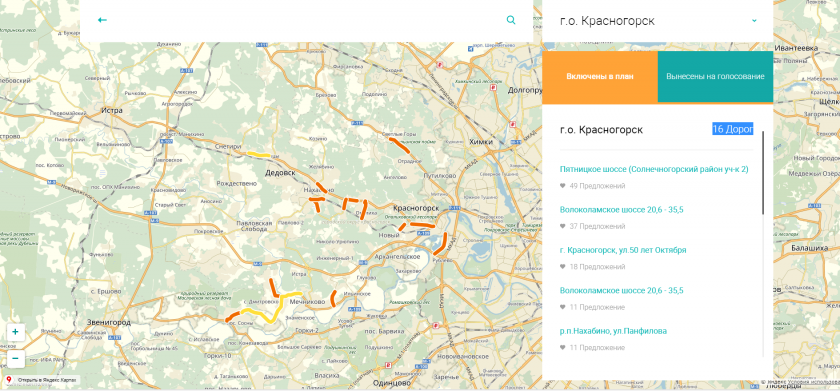 В голосовании на портале "Добродел" участвуют 3 региональные автодороги городского округа Красногорск