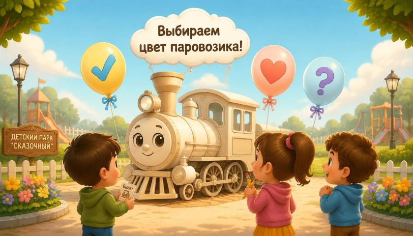Выбираем цвет паровозика из Ромашкова в Детском городке «Сказочный»