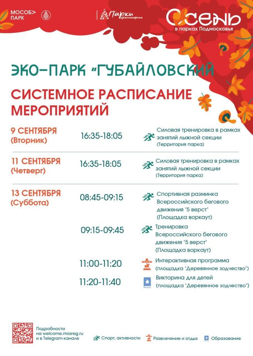 Афиша мероприятий на парковых территориях с 8 по 14 сентября