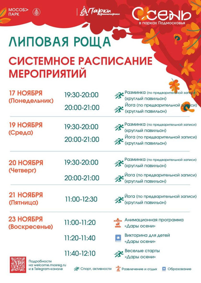Афиша мероприятий на парковых территориях с 17 по 23 ноября