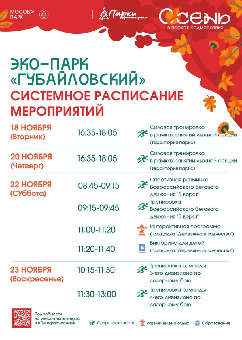 Афиша мероприятий на парковых территориях с 17 по 23 ноября