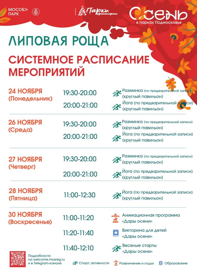 Афиша мероприятий на парковых территориях с 24 по 30 ноября