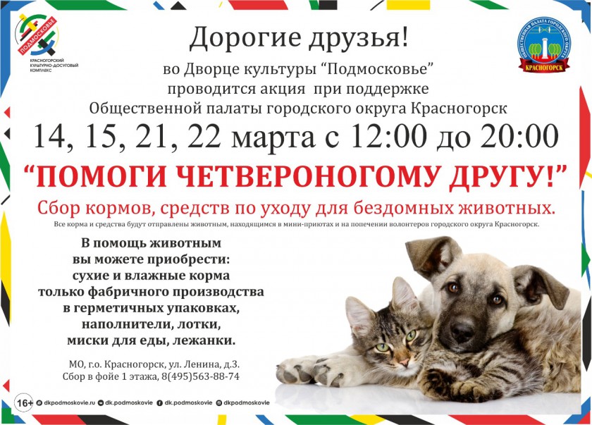 Акция «Помоги четвероногому другу!» пройдет в Красногорске 14, 15, 21, 22 марта